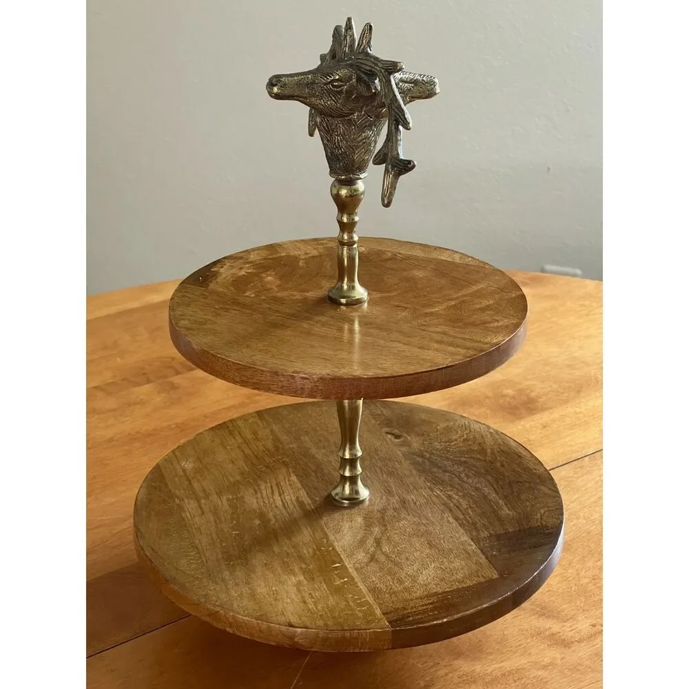 Vtg Pewter Stag Deer & Solid Wood Serving Pedestal Cupcake Platter Cake Dessert